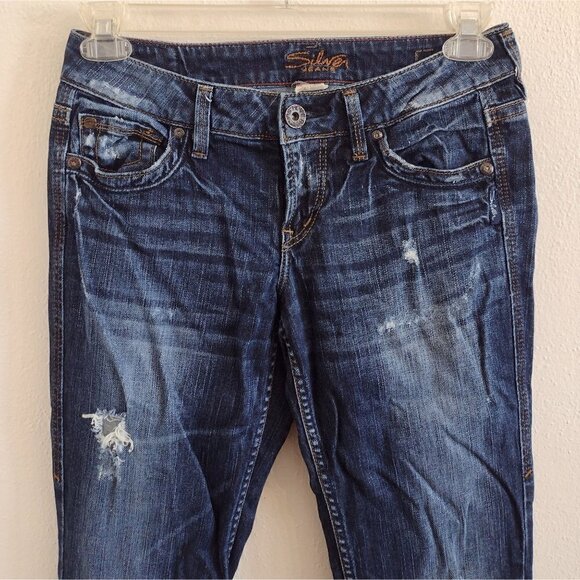 Silver Jean Womens 26 X 33 Eden Flare Leg Deconstructed Distressed Dark Wash - Picture 3 of 8